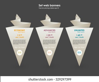 Set tariffs. interface for the site. ui ux vector banner for web app. Pastel pricing table, banner, order, box, button, list and bullet with plan for website in flat design. Origami banners