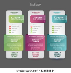 Fixez les tarifs. pour le site. bannière vectorielle ui ux pour application web. Table de prix Pastel, bannière, commande, boîte, bouton, liste et puce avec plan de site web en design plat