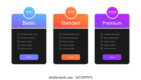 Set Of Tariffs For Website. Pricing Table Ui Web Banner. Price List Columns Vector Design.