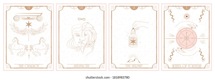 Set of Tarot card, Major Arcana. Occult and alchemy symbolism. The Chariot, Strength, The Hermit, Wheel of Fortune. Editable vector illustration.