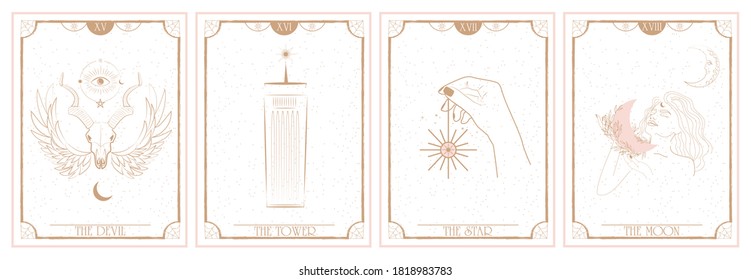 Set of Tarot card, Major Arcana. Occult and alchemy symbolism. The Devil, The Tower, The Star, The Moon. Editable vector illustration.