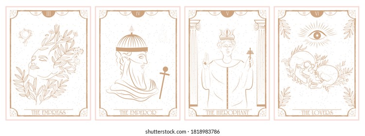 Set of Tarot card, Major Arcana. Occult and alchemy symbolism. The Empress, The Emperor, The Hierophant, The Lovers. Editable vector illustration.