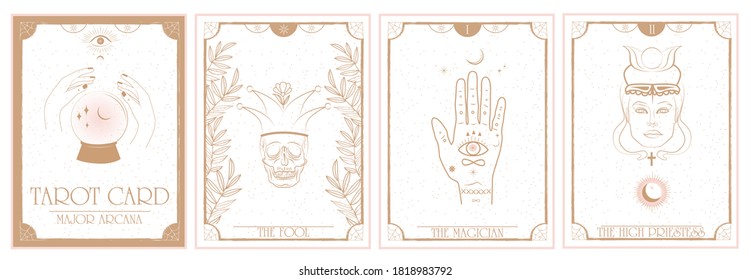 Set of Tarot card, Major Arcana. Occult and alchemy symbolism. The Fool, The Magician, The High Priestess. ditable vector illustration.