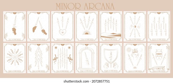 Set of Tarot card, Minor Arcana. Occult and alchemy symbolism. Swords - Faculty Reason. Editable vector illustration.