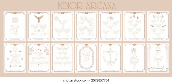 Set of Tarot card, Minor Arcana. Occult and alchemy symbolism. Cups - Faculty Emotions and love. Editable vector illustration.