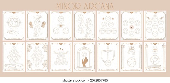 Set of Tarot card, Minor Arcana. Occult and alchemy symbolism. Pentacles - Faculty Material body or possessions . Editable vector illustration.