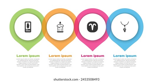 Set Tarot cards, Burning candle, Aries zodiac and Necklace with crystal. Business infographic template. Vector