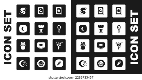 Set Tarot cards, Castle tower, Moon and stars, Magic scroll, hand mirror, staff and Magician hat rabbit ears icon. Vector
