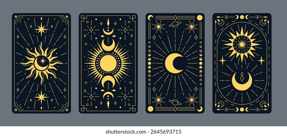 Set of tarot cards with celestial elements: moon, sun, stars, planets on a dark background. Esotericism, occultism, astrology. Vector illustration. Isolated gray background. Flat style.
