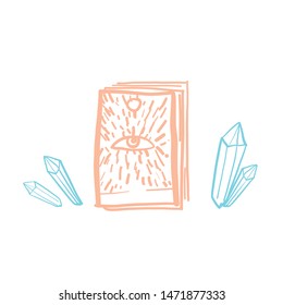 Set of Tarot cards with christals in pink and blue colors in dudles hand drawn style. 