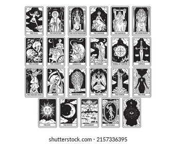 Set Of Tarot Cards. Collection Of Esoteric Tarot Desk. Mystical Card. Vector Illustration Isolated On White Background. 