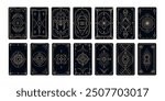 Set of tarot cards cover magic symbols with frames on the edges, linear style.