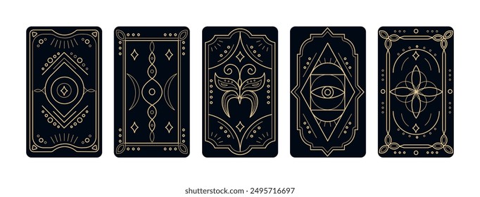 Set of tarot cards cover magic symbols with frames on the edges, linear style.