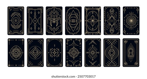 Conjunto de cartas de tarot cubren símbolos mágicos con marcos en los bordes, estilo lineal.