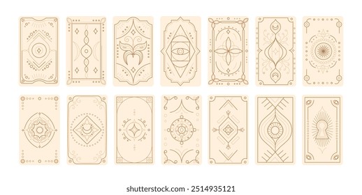 Set of tarot cards cover magic symbols with frames on the edges, linear style.