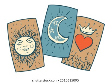 Conjunto de cartas de Tarot para adivinhação. Ferramenta cigana para prever o futuro. Esotéricos, Wicca, bruxaria, magia, adivinhação. Ilustração vetorial em estilo plano.