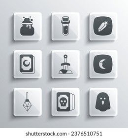 Set Tarot cards, Ghost, Moon and stars, Sword in the stone, Magic, Witch cauldron and  icon. Vector