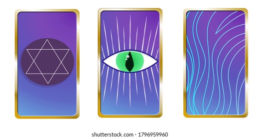 A set of Tarot cards is isolated on a white background with a gold outline. The cards show an all-seeing eye, a pentagram, and stripes. The illustration is made in a cartoon style.