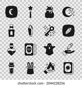 Set Tarot Karten, Magic Stein, Hexenkessel, Flasche mit Tränke, Mond und Sterne und alte Magie-Taste Symbol. Vektorgrafik