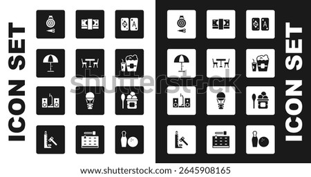 Set Tarot cards, Sun protective umbrella, Classic dart board and arrow, Popcorn in box glass, Stacks paper money cash, Ice cream bowl and Home stereo two speakers icon. Vector
