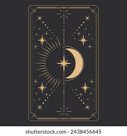 Set tarot frame border with golden celestial elements, esoteric astrology mystery ornament with moon, star isolated on dark background.