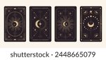 Set tarot reverce border card frame gold line border celelstial mystery esoteric decoration with stars and moon. Magic sacred cover