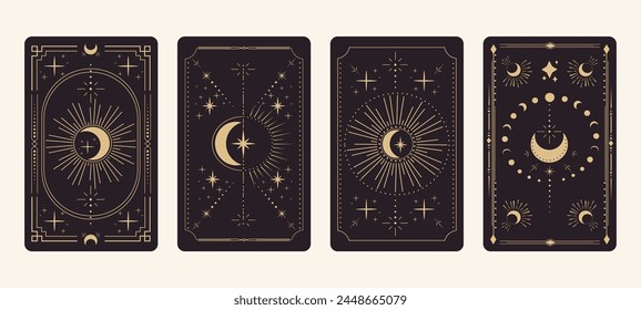 Set tarot reverce border card frame gold line border celelstial mystery esoteric decoration with stars and moon. Magic sacred cover