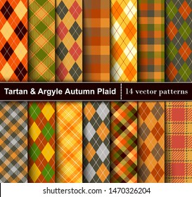 Set  Tartan and Argyle  Seamless Pattern Background. Autumn color panel Plaid, Tartan Flannel Shirt Patterns. Trendy Fall Tiles Vector Illustration for Wallpapers.
