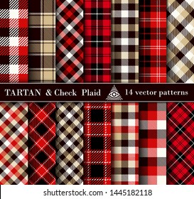 Set Tartan Check  Plaid  Seamless Patterns Backgrounds. Black,  Red,  Camel Beige and  White    Flannel  Shirt Tartan Patterns. Christmas Trendy Tiles Vector Illustration for Wallpapers.
