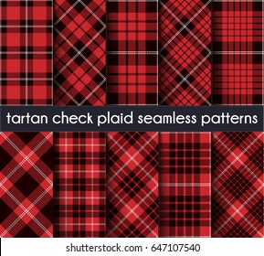 Set Tartan Check Plaid Seamless Pattern Background. Red, Black and  White  Plaid, Tartan Flannel Shirt Patterns. Trendy Tiles Vector Illustration for Wallpapers. Intersecting Bands From One To Five.