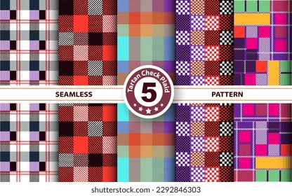 Set Tartan Plaid Scottish Seamless Pattern. Flat textile fabric pattern ornament design. Texture from tartan, plaid, tablecloths, shirts, clothes, dresses, bedding, blankets and other textile.
