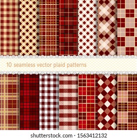 Set tartan seamless plaid patterns. Red, brawn, yellow and white vector textures.