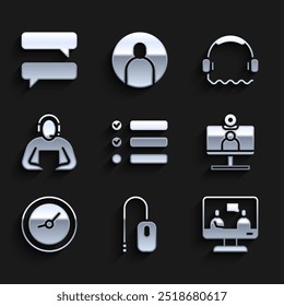 Set Task list, Computer mouse, Online education, Video chat conference, Clock, Student, Headphones and Speech bubble icon. Vector