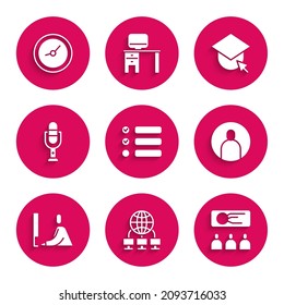 Set Task list, Computer network, Training, presentation, Create account screen, Student working laptop, Microphone, Graduation cap globe and Clock icon. Vector