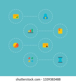 Set of task manager icons flat style symbols with pie chart, completed tasks, add member and other icons for your web mobile app logo design.