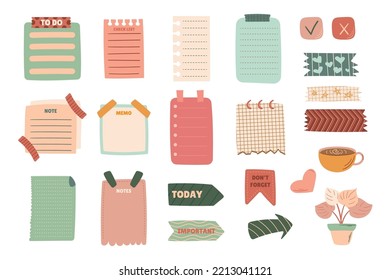 Set Of Task Planners, Cute Paper Sticky Notes, Banners, To Do List. Important Memo Messages, Notepad Paper Sheets. Blank Schedule, Bookmarks. Colorful Notepaper Isolated Cartoon Vector Design Elements