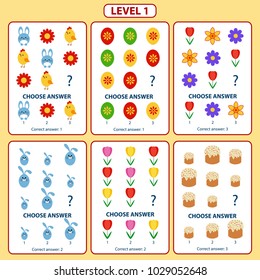 Set of tasks for the development of logical thinking of children. Difficulty level 1. Set of logical tasks comprises of Easter bunny, Easter cake, chick and spring flowers. Vector illustration