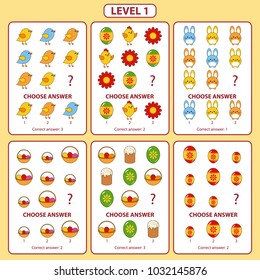 Set of tasks for the development of logical thinking of children. Difficulty level 1. Set of logical tasks comprises of Easter bunny, Easter cake, chick, eggs and spring flowers. Vector illustration