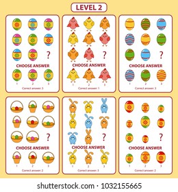 Set of tasks for the development of logical thinking of children. Difficulty level 2. Set of logical tasks comprises of Easter bunny, chick, eggs and basket. Vector illustration