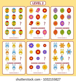 Set of tasks for the development of logical thinking of children. Difficulty level 2. Set of logical tasks comprises of Easter bunny, chick, eggs and spring birds and flowers. Vector illustration