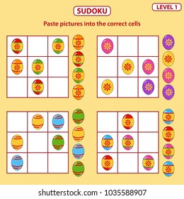 Set of tasks for the development of logical thinking of children. Sudoku with pictures is education game for children. Difficulty level 1. Paste pictures into the correct cells. Vector illustration