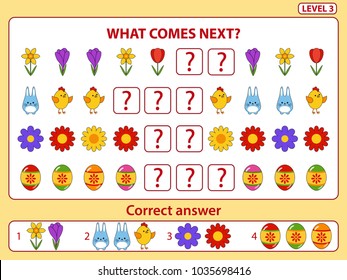 Set of tasks for the development of logical thinking of children. What comes next is educational children game. Find the regularity and right composite the row task. Level 3. Vector illustration