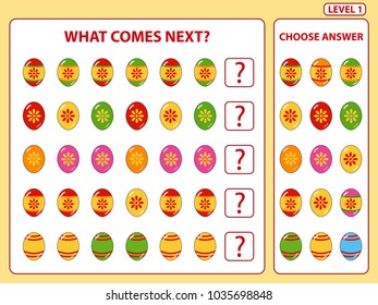 Set of tasks for the development of logical thinking of children. What comes next is educational children game. Find the regularity and continue the row task. Difficulty level 1. Vector illustration