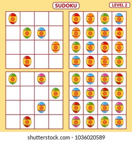 Set of tasks for the development of logical thinking of children. Education game. Sudoku game with pictures. Difficulty level 2. Set of logical tasks on the theme of Easter. Vector illustration