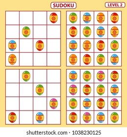 Set of tasks for the development of logical thinking of children. Education game. Sudoku game with pictures. Difficulty level 2. Set of logical tasks on the theme of Easter. Vector illustration