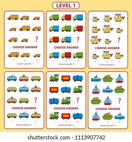 Set of tasks for the development of logical thinking of children. Level 1. Set of logical tasks on the theme of transport. Vector illustration