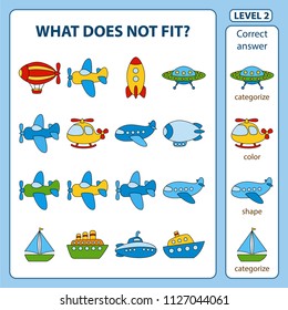 Set of tasks for the development of logical thinking of children. What does not fit is education children game. Difficulty level 2. Set composed of objects on the transport theme. Vector illustration