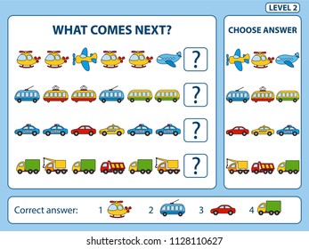 Set of tasks for the development of logical thinking of children. What comes next is educational children game. Find the regularity and continue the row task. Difficulty level 2. Vector illustration