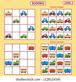 Set of tasks for the development of logical thinking of children. Education game. Sudoku game with pictures. Difficulty level 2. Set of logical tasks on the theme of transport. Vector illustration
