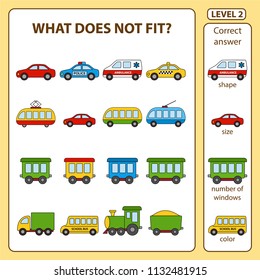 Set of tasks for the development of logical thinking of children. What does not fit is education children game. Difficulty level 2. Set composed of objects on the transport theme. Vector illustration